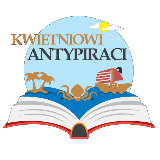 Rysunke otwartej książki z środka, której wyłaniają się morze, statek, wyspa oraz napis Kwietniowi Antypiraci. Logo akcji